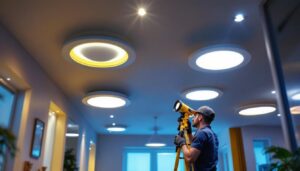 A photograph of a well-lit interior space showcasing various styles of recessed light trims in action