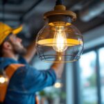 A photograph of a stylish pendant light fixture installed in a modern setting