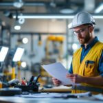 A photograph of a lighting contractor meticulously reviewing a comprehensive checklist while standing in a well-lit workspace