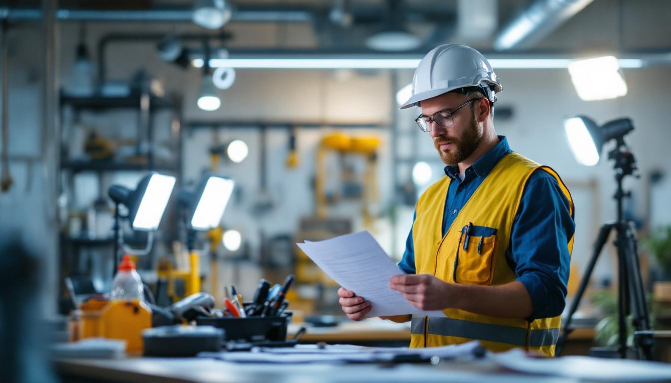 A photograph of a lighting contractor meticulously reviewing a comprehensive checklist while standing in a well-lit workspace