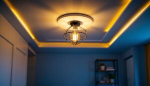 A photograph of a modern room featuring a stylish ceiling light fixture that highlights its design and functionality