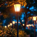 A photograph of capture a photograph of a beautifully illuminated outdoor space featuring stylish light posts