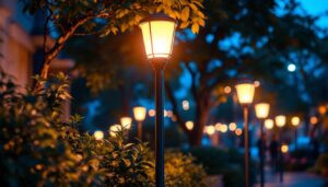 A photograph of capture a photograph of a beautifully illuminated outdoor space featuring stylish light posts