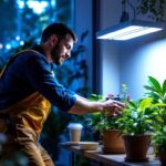 A photograph of a lighting contractor setting up a plant lamp led in a well-lit indoor garden