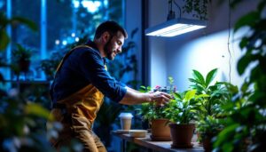 A photograph of a lighting contractor setting up a plant lamp led in a well-lit indoor garden