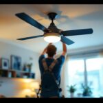 A photograph of capture a photograph of a stylish residential ceiling fan in a well-lit living space