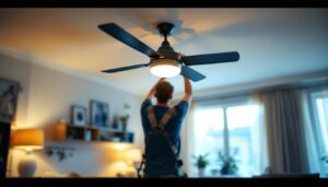 A photograph of capture a photograph of a stylish residential ceiling fan in a well-lit living space