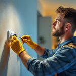 A photograph of a lighting contractor working on a wall switch installation for a ceiling fan and light