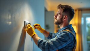 A photograph of a lighting contractor working on a wall switch installation for a ceiling fan and light