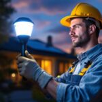 A photograph of a lighting contractor installing solar-powered lights in a residential or commercial outdoor setting