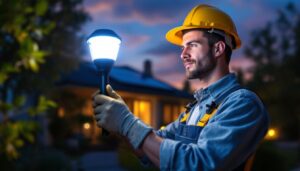 A photograph of a lighting contractor installing solar-powered lights in a residential or commercial outdoor setting