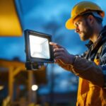 A photograph of a lighting contractor installing a sensor floodlight in an outdoor setting