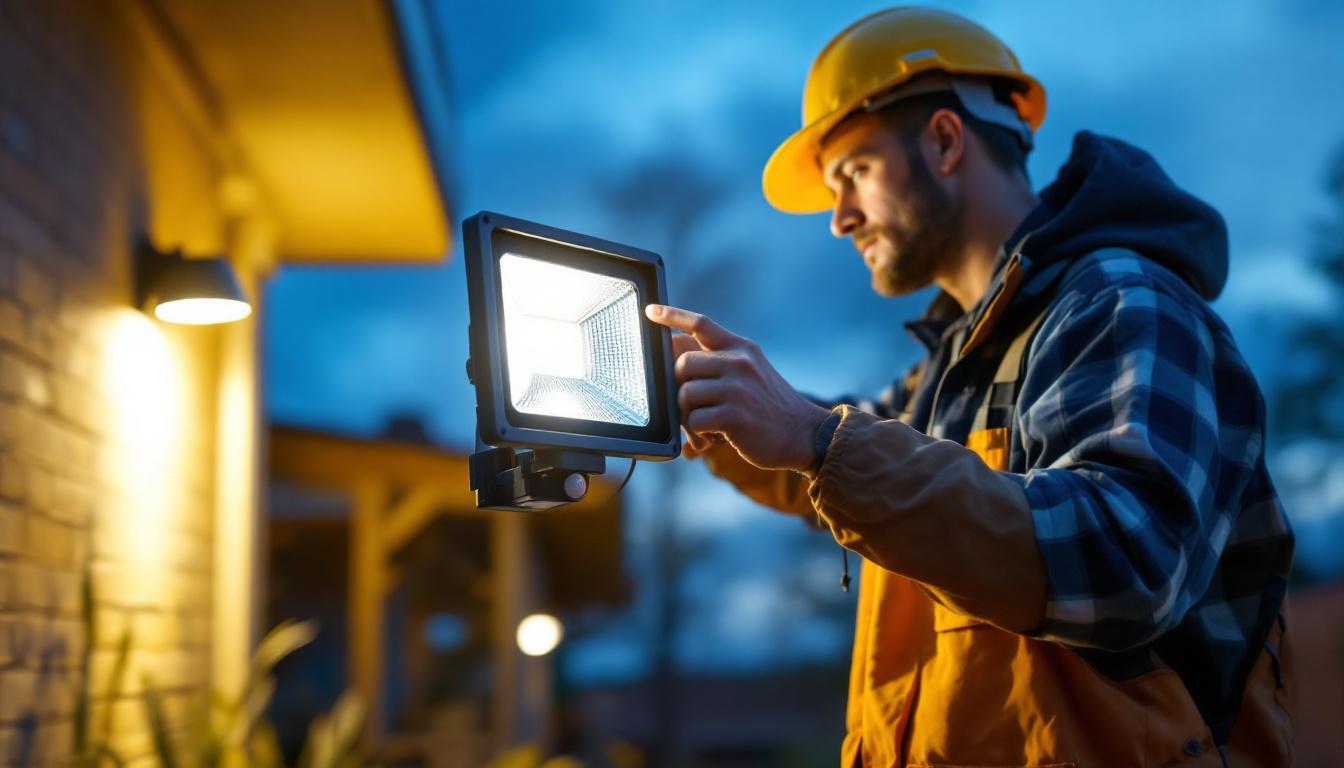 A photograph of a lighting contractor installing a sensor floodlight in an outdoor setting