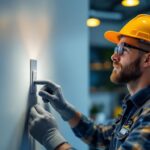 A photograph of a lighting contractor expertly installing a toggle switch in a modern home setting