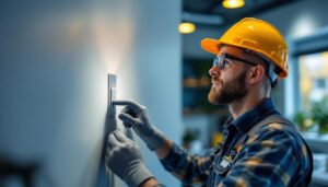 A photograph of a lighting contractor expertly installing a toggle switch in a modern home setting