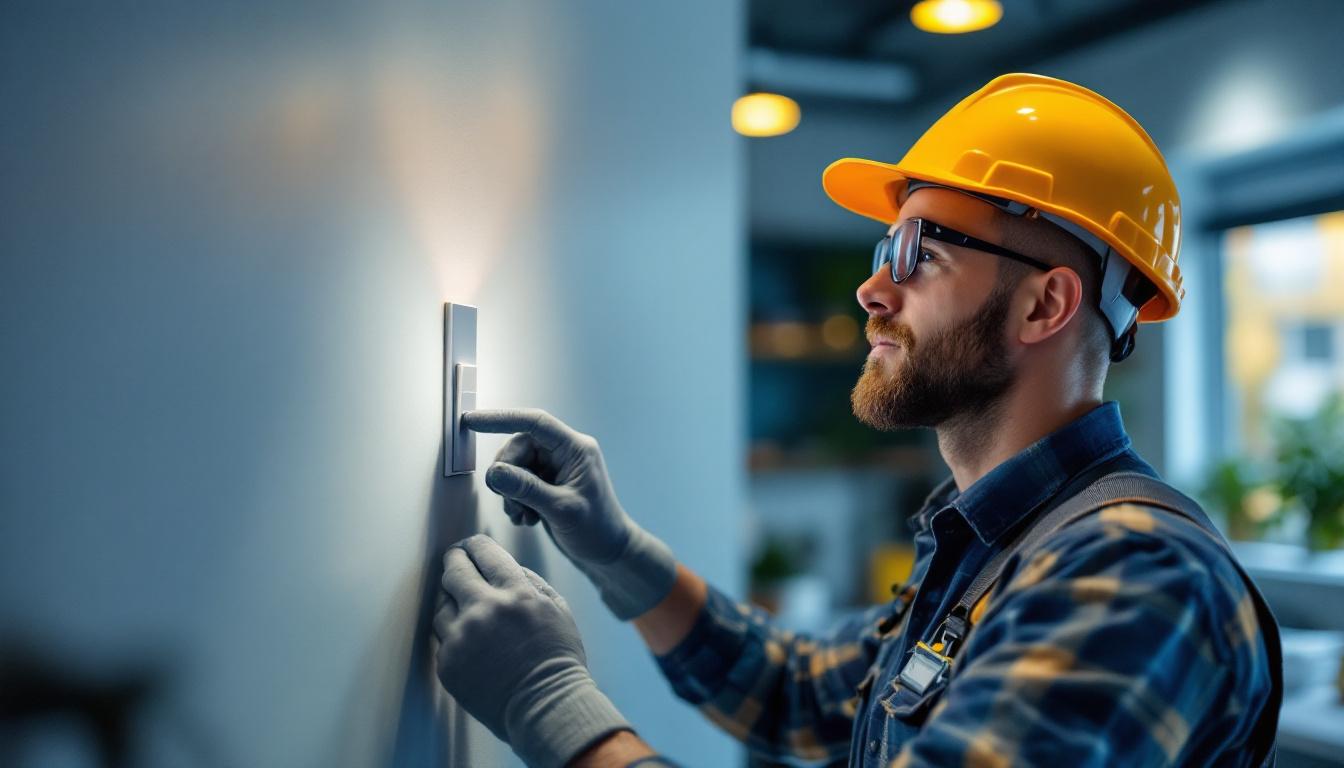 A photograph of a lighting contractor expertly installing a toggle switch in a modern home setting