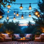 A photograph of a beautifully lit outdoor space featuring various styles of hanging outdoor lighting