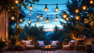 A photograph of a beautifully lit outdoor space featuring various styles of hanging outdoor lighting