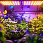 A photograph of a vibrant indoor garden illuminated by low-price grow lights