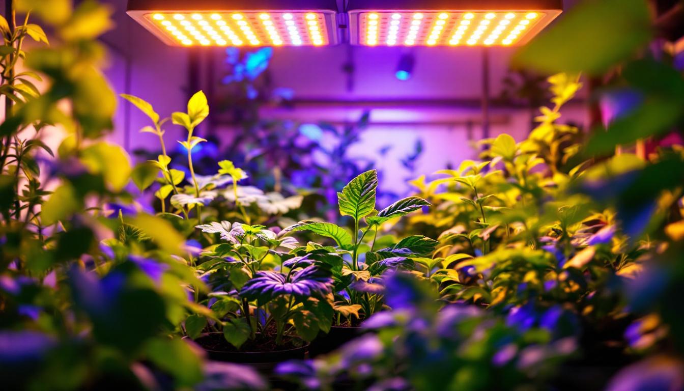 A photograph of a vibrant indoor garden illuminated by low-price grow lights