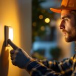 A photograph of a lighting contractor installing a timed electrical switch in a residential setting