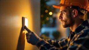 A photograph of a lighting contractor installing a timed electrical switch in a residential setting
