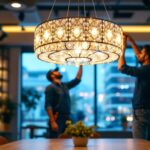 A photograph of a beautifully designed pendant chandelier illuminating a modern workspace