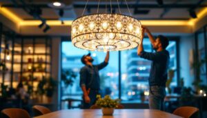 A photograph of a beautifully designed pendant chandelier illuminating a modern workspace