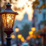 A photograph of a beautifully designed decorative lamp post in an outdoor setting