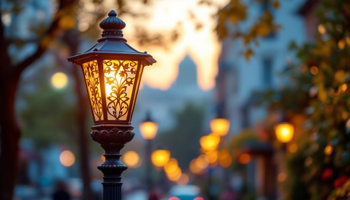 A photograph of a beautifully designed decorative lamp post in an outdoor setting