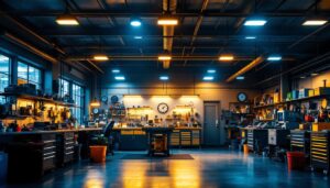 A photograph of a well-lit mechanic shop interior