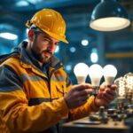 A photograph of a lighting contractor examining a variety of modern
