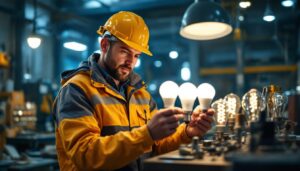 A photograph of a lighting contractor examining a variety of modern
