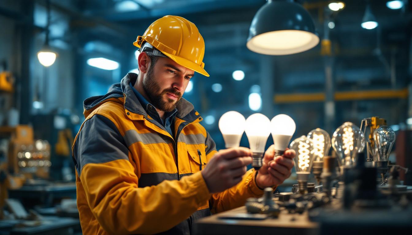 A photograph of a lighting contractor examining a variety of modern