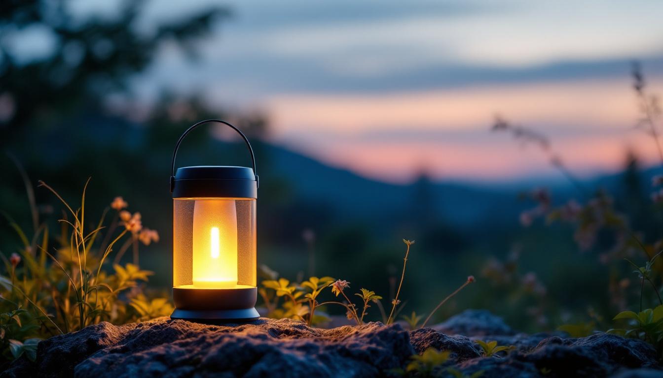 A photograph of a beautifully designed solar-powered led lantern illuminating a serene outdoor setting at dusk