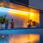 A photograph of a professional lighting contractor installing or showcasing a vibrant cabinet led strip in a modern kitchen or cabinetry setting
