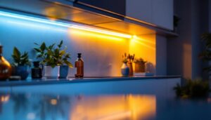 A photograph of a professional lighting contractor installing or showcasing a vibrant cabinet led strip in a modern kitchen or cabinetry setting