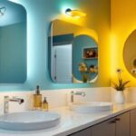 A photograph of a stylish bathroom featuring unique vanity lights that highlight the space
