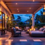 A photograph of a beautifully illuminated patio featuring led lighting