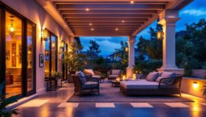 A photograph of a beautifully illuminated patio featuring led lighting