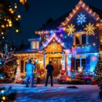 A photograph of a beautifully illuminated house adorned with vibrant projection christmas lights