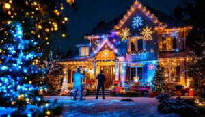 A photograph of a beautifully illuminated house adorned with vibrant projection christmas lights