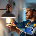 A photograph of a skilled lighting contractor examining a stylish lamp fixture in a well-lit room