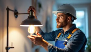 A photograph of a skilled lighting contractor examining a stylish lamp fixture in a well-lit room