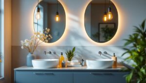 A photograph of a stylish bathroom vanity illuminated by modern light bulbs