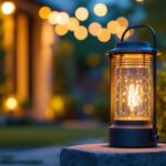 A photograph of a stylish outdoor lamp in a beautifully lit garden setting during twilight