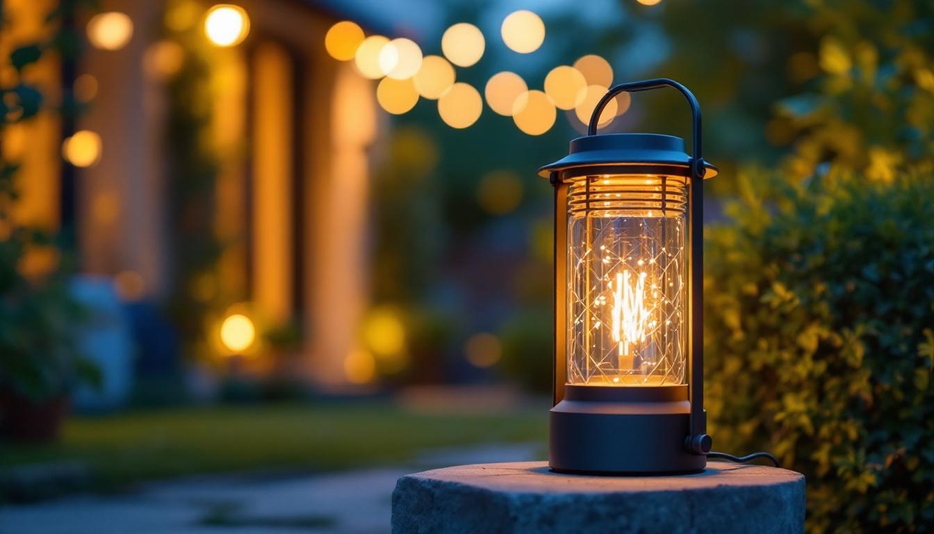 A photograph of a stylish outdoor lamp in a beautifully lit garden setting during twilight