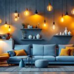 A photograph of a stylishly designed room featuring a variety of modern light fixtures