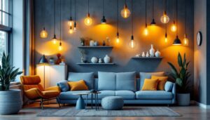 A photograph of a stylishly designed room featuring a variety of modern light fixtures