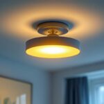 A photograph of a stylish lumens flush mount light fixture installed in a modern interior setting